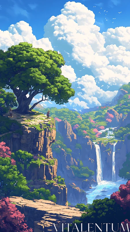 Person stands on cliff above canyon waterfall under clouds