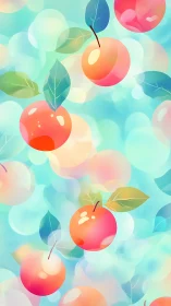 Vibrant gradient apples float against soft bokeh sky ground