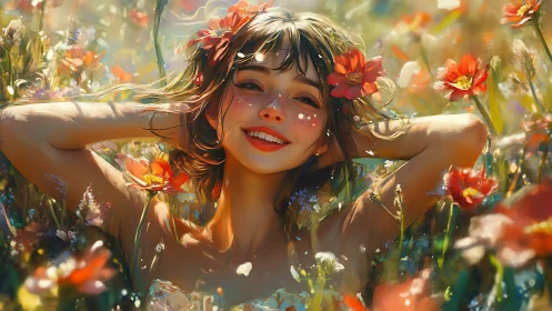 Smiling young woman in sunlit wildflower meadow portrait.