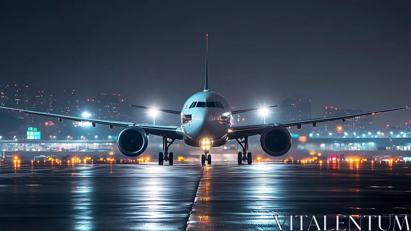 Photorealistic night runway portrait of taxiing airliner frontal.