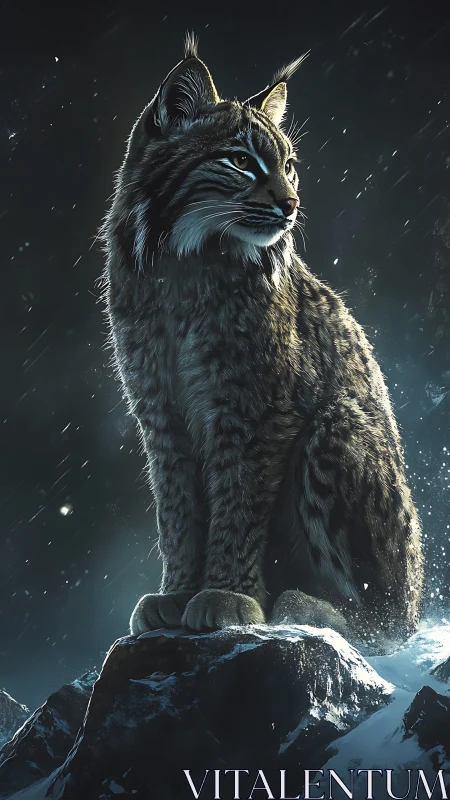 Snowy lynx sits proudly on a moonlit mountain peak