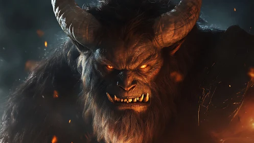 Horned inferno warlord snarls amid drifting embers of doom.