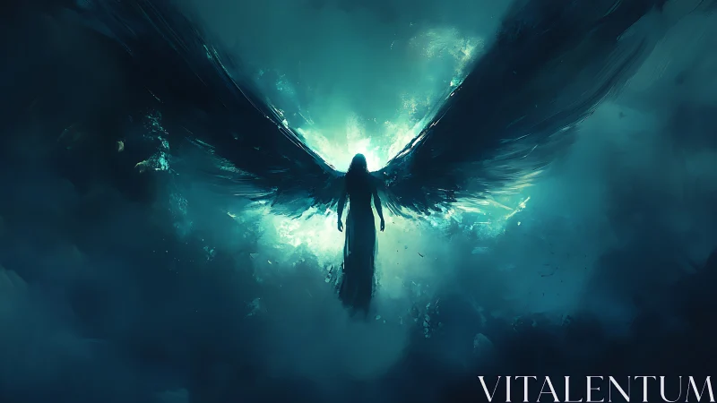Backlit dark angel silhouette with expansive ethereal wings