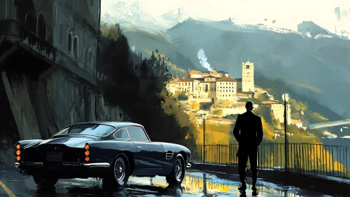 Midnight coupe overlooks sunlit hillside citadel town