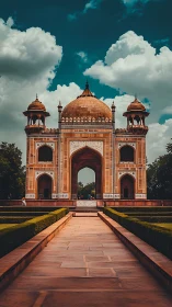 Golden domed gateway glowing beneath a deep blue sky.
