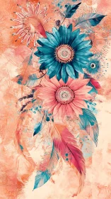 Bold teal and coral flowers entwine with drifting feathers.