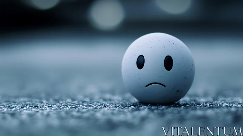 Sad emoticon sphere rests alone on a cold textured floor