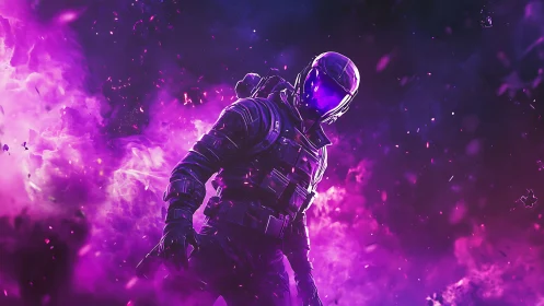 Armored space soldier strides through glowing violet nebula
