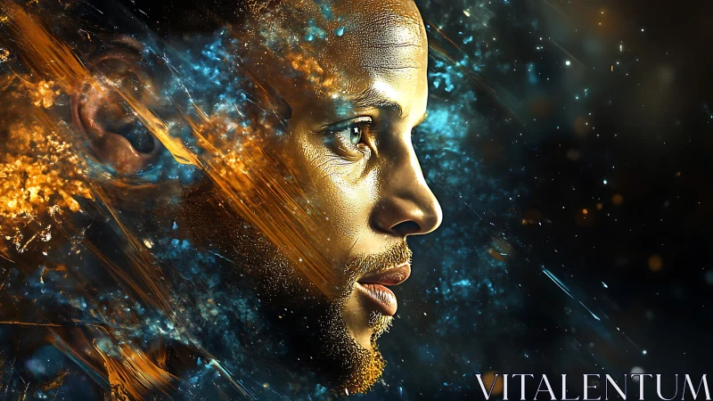 Golden cosmic portrait with fragmented nebula textures.