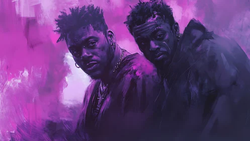 Purple haze twins stare through neon shadow and memory.