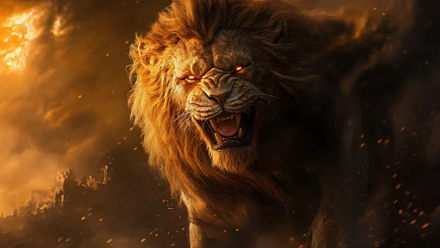 Roaring lion charges through fiery smoke with glowing eyes