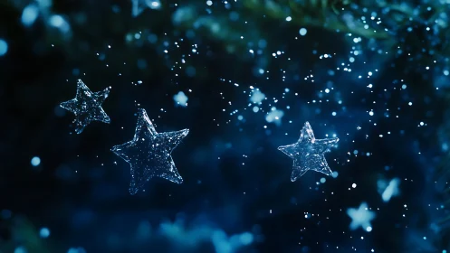 Glittering glass star ornaments in floating blue bokeh field.
