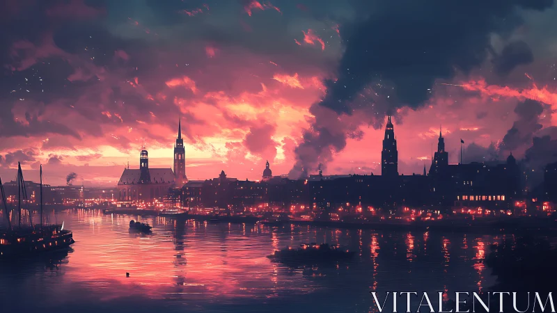 Glowing riverside skyline wrapped in a dreamy pink dusk.