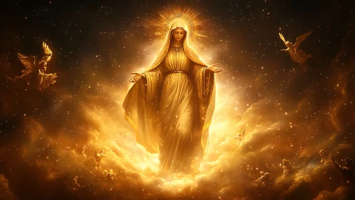 Radiant holy woman rising in glowing golden heaven scene.