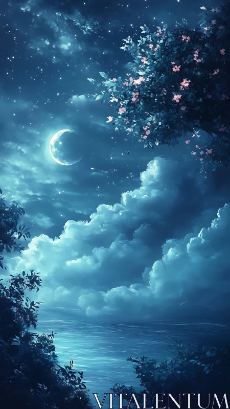 Nocturnal crescent over luminous clouds and shoreline foliage.