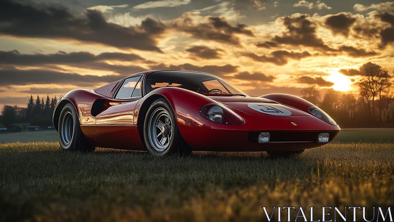 Sunset glow on a red vintage race car resting in the field.