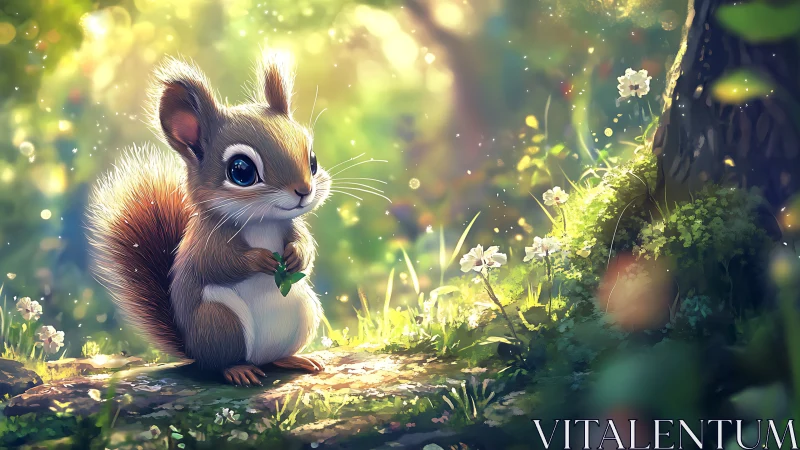 Backlit woodland squirrel study in soft-focus bokeh forest glow.