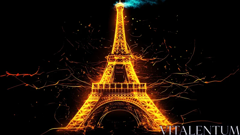 Eiffel Tower rendered in luminous orange digital outline.