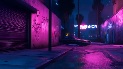 Neon-lit wet alley with parked sedan under magenta-blue rim lighting