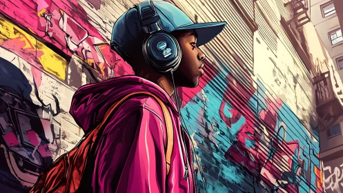 Side-profile view of youth with headphones near graffiti wall