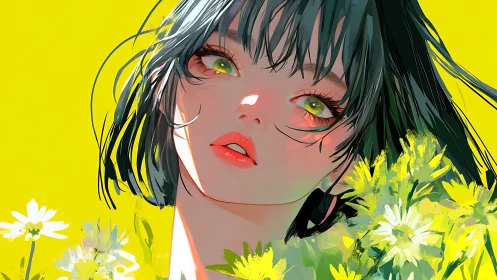 Anime portrait with neon botanicals and high-chroma background.