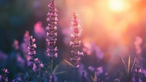 Lupine Flowers at Sunset with Atmospheric Depth