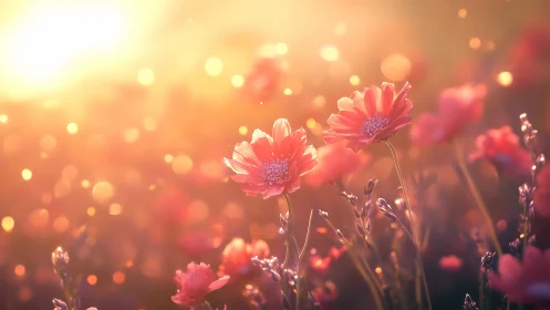 Pink Gerbera Daisies in Soft Focus Golden Light Setting.