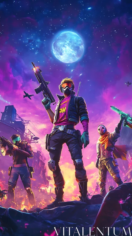 Masked futuristic squad in neon urban battlefield at night.