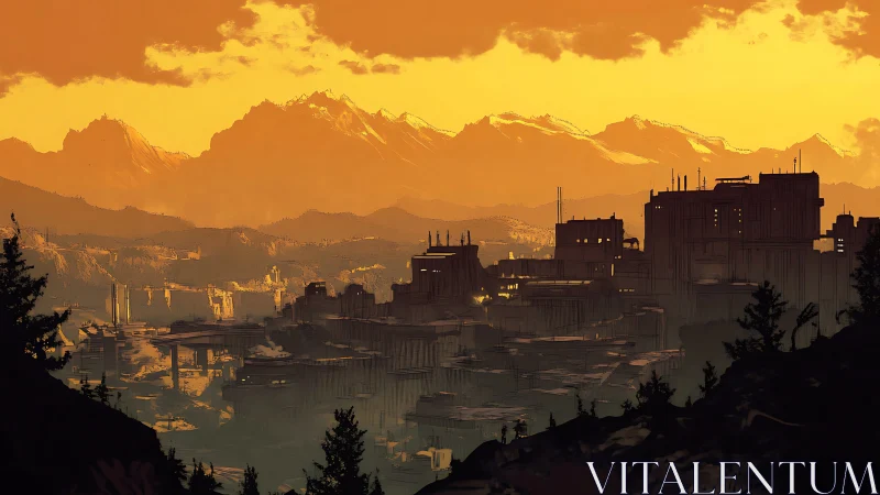 Golden mountain sunset settles over a quiet futuristic city