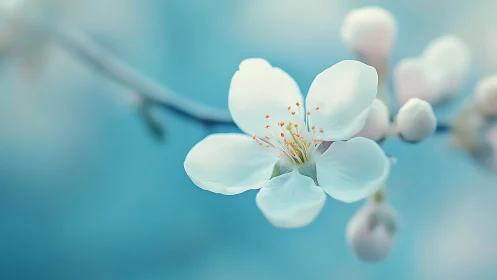 Delicate White Blossom Petals with Golden Stamens Against Soft Blue Bokeh Background