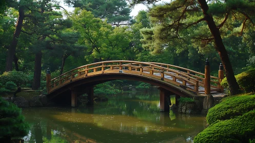 Sunlit wooden bridge resting above a calm garden pond.