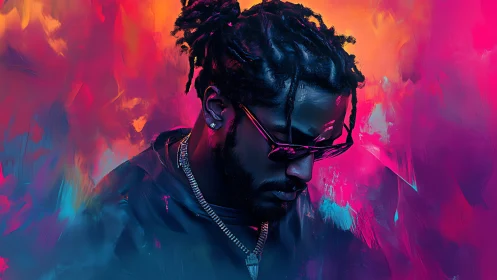 Neon-drenched portrait of a brooding man in electric glow.