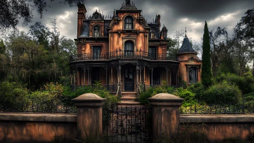 Victorian mansion stands behind wrought iron fence under clouds
