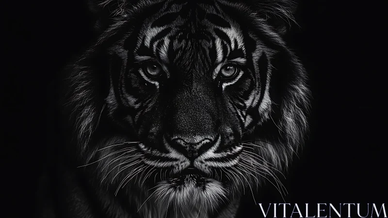 Midnight tiger stares through darkness with silver-fire gaze.