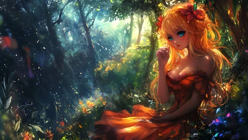 Forest daydream with a golden haired girl in warm light.