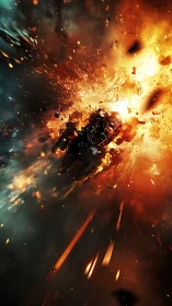 Starship bursts through inferno amid shattering debris field.