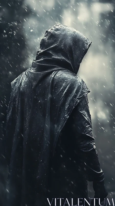 Hooded shadow walks through needle-thin winter rain