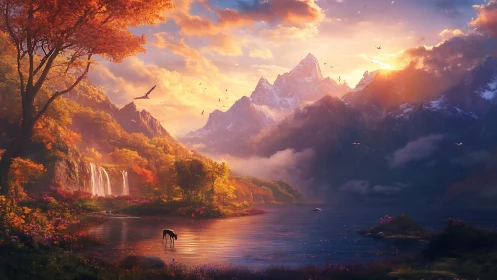 Luminous alpine lake at sunset with cascades, deer, and peaks.