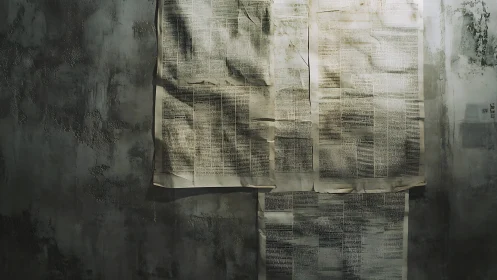 Faded manifesto pages pinned to a shadow-stained concrete wall.