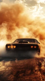 Muscle car performing burnout on wet asphalt at sunset.