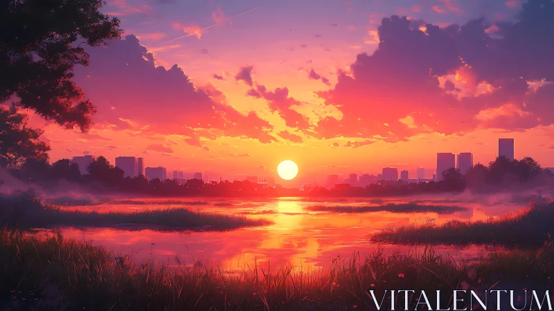Radiant urban sunset over misty riverside wetlands panorama.