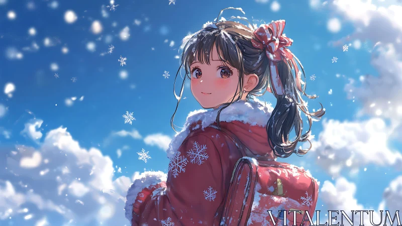 Girl in red winter coat stands in snowfall under blue sky