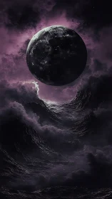 Dark moon hovers above storm-tossed violet ocean waves