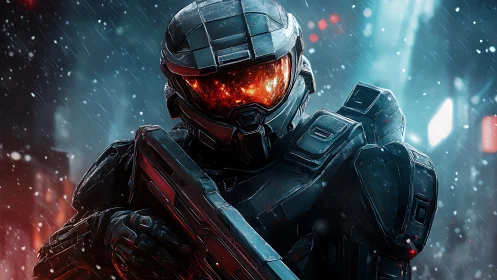 Armored dusk sentinel strides through neon stormfire rain.