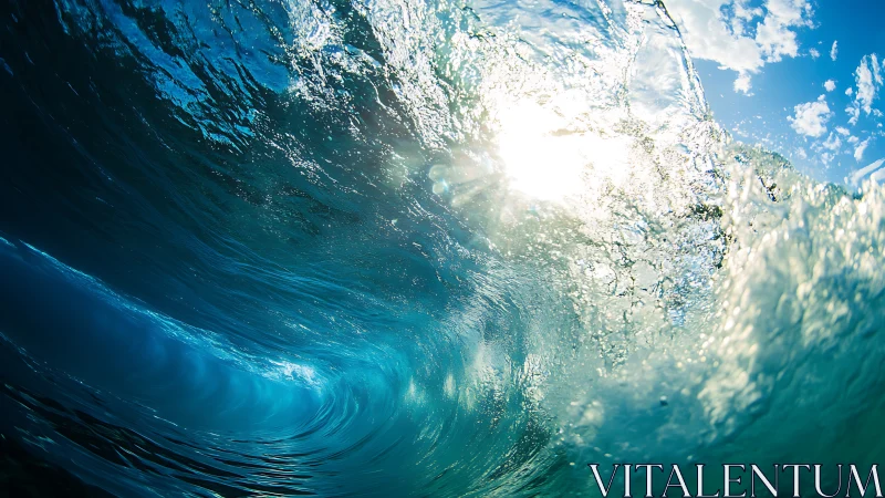 Breaking ocean wave curls toward camera under bright sunlight