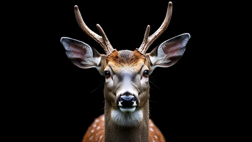 Symmetrical frontal portrait of a young stag on black ground