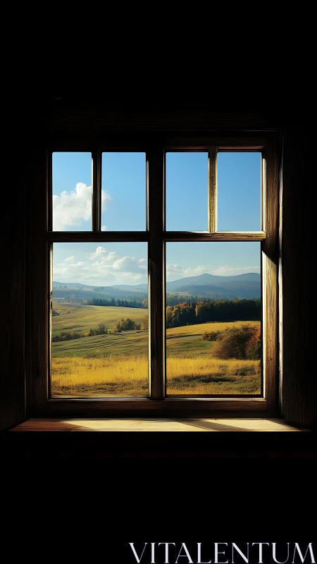 Framed rural landscape through wooden window in warm light