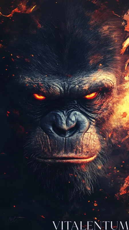 Fiery-eyed gorilla portrait in infernal ember-charged chiaroscuro.