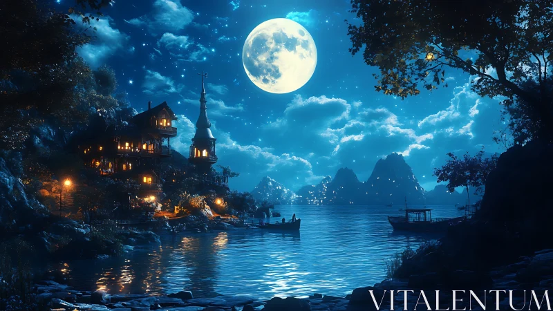 Moonlit Castle by Water with Mountains and Boats