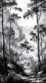 Monochrome forest valley with distant cliffs and foliage.